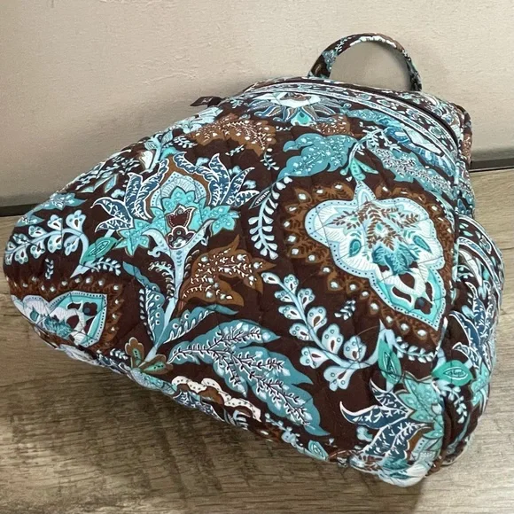 VERA BRADLEY Brown & Turquoise JAVA BLUE Quilted Cotton DESIGNER Back Pack BAG - Picture 4 of 6